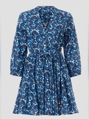 Xirena Jennings Blue Patterned V-Neck Tie-Waist Mini Dress W Pockets Size Large